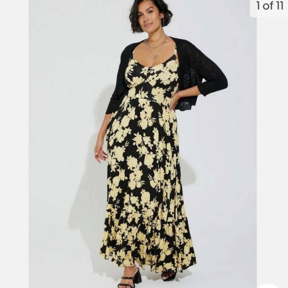 Torrid Black and Yellow Floral Maxi Dress with Pockets Size 1X